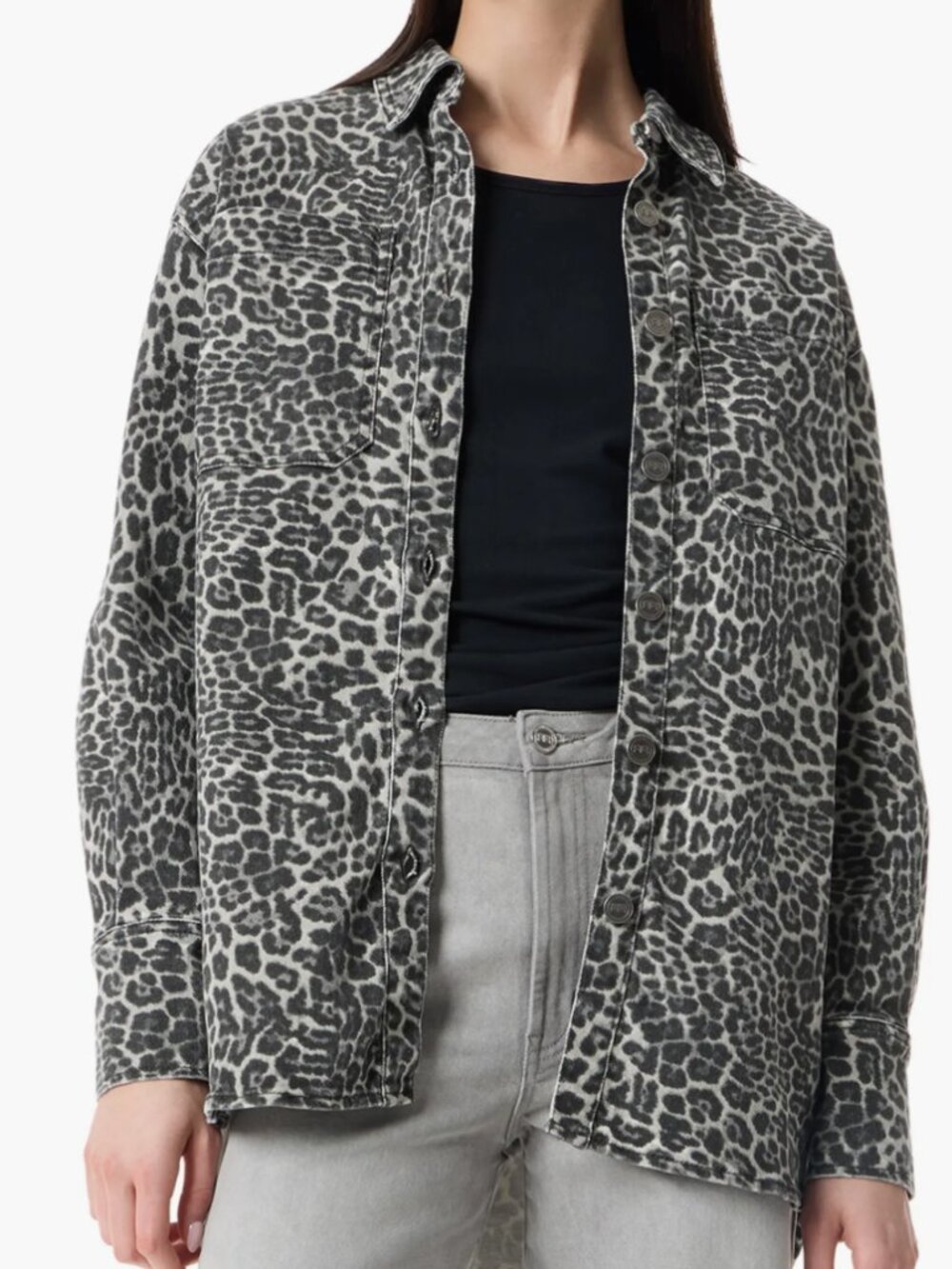 Robert Rodriguez Medium Oversized Leopard Print Silver Gray Denim Jacket NWT